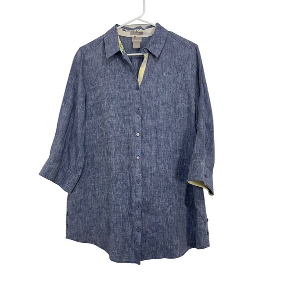 Chicos Light Blue 100% Linen No Iron Button-Up Tunic Shirt Womens Size 1 (8/10) - Picture 1 of 12